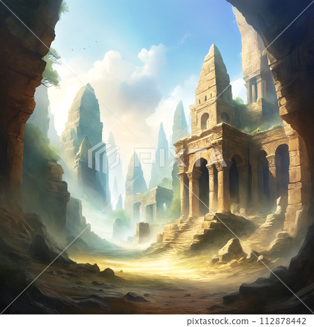 Fantasy landscape with ruins of ancient temple 112878442