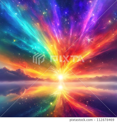 A beautiful space scene with a large explosion of multicolored light 112878469