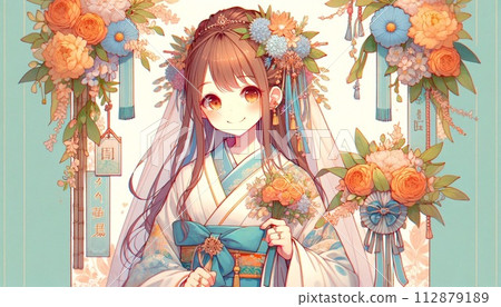 穿著日式服裝和鮮花的女孩 112879189