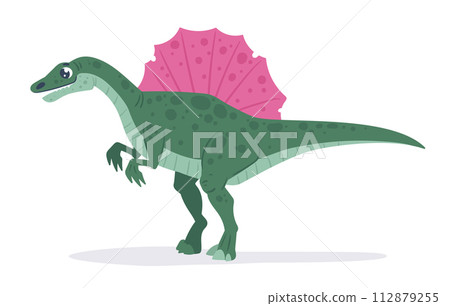 Cartoon spinosaurus predator. Jurassic era spinosaurus dinosaur, meat-eating spinosaurus dino, carnivorous ancient reptile flat vector illustration. Spinosaurus dinosaur on white 112879255