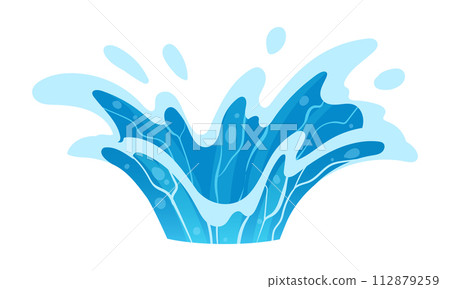 Cartoon water splashing. Blue water splash funnel, clean aqua splash flat vector illustration. Transparent water motion Cartoon water splashing. Blue water splash funnel, clean aqua splash flat vector illustration. Transparent water motion 112879259