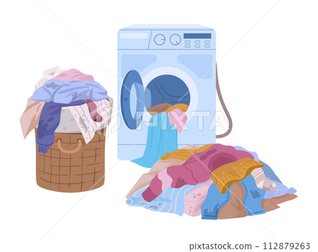 Dirty clothes. Washing machine, laundry basket and stack of dirty clothing flat vector illustration. Laundry concept on white 112879263