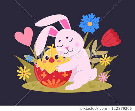 Easter bunny with cute chicken. Little rabbit and hatching chick flat vector illustration. Easter traditional holidays mascots Easter bunny with cute chicken. Little rabbit and hatching chick flat vector illustration. Easter traditional holidays mascots 112879266