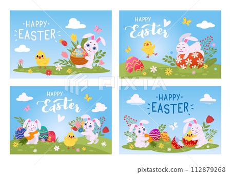 Easter eggs hunting cards. Traditional spring festival posters with cute Easter bunny and painted eggs flat vector background illustration set. Happy Easter holidays backdrops 112879268