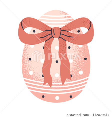 Spring Easter holiday chocolate egg. Hand drawn Easter decorative egg with pink bow, colored egg with bow flat vector illustration. Cute painted easter egg on white 112879817