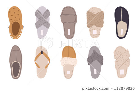 Cozy domestic slippers. Home soft and comfy footwear, fluffy slippers, flip flops and male and female textile house shoes flat vector illustration set. Indoor footwear collection 112879826