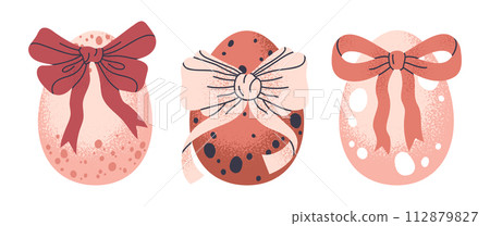 Cute decorative eggs. Painted Easter eggs with bow ribbons, spring Easter holiday chocolate egg with bows flat vector illustration set. Traditional easter treat 112879827