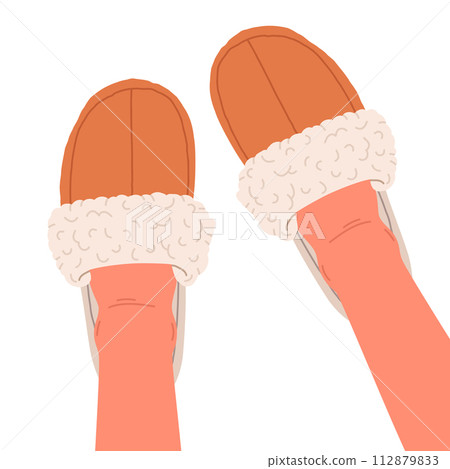 Feet wearing home footwear. Female feet in warm and comfy domestic slippers, cozy sheepskin indoor shoes flat vector illustration. Cute house shoes on feet Feet wearing home footwear. Female feet in warm and comfy domestic slippers, cozy sheepskin indoor shoes flat vector illustration. Cute house shoes on feet 112879833