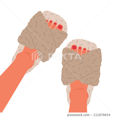 Feet with pedicure wearing home footwear. Female feet in fluffy domestic slippers, cozy faux fur indoor shoes flat vector illustration. House shoes on feet 112879834