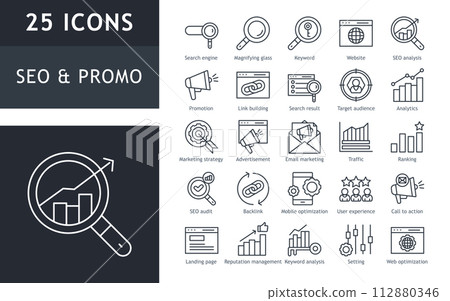 SEO and promotion line icons collection. Promotion, target audience, marketing strategy, advertisement, user experience. Thin outline icons set. Vector illustration. 112880346