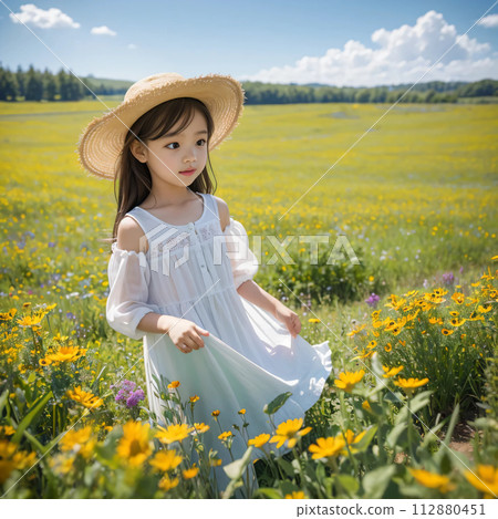 Child girl standing in a flower field AI image AI photo AI generation AI gravure 112880451