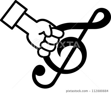 Illustration of a hand holding a treble clef 112880884