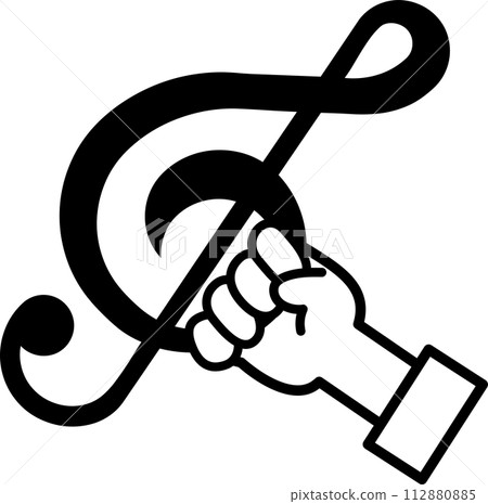 Illustration of a hand holding a treble clef 112880885