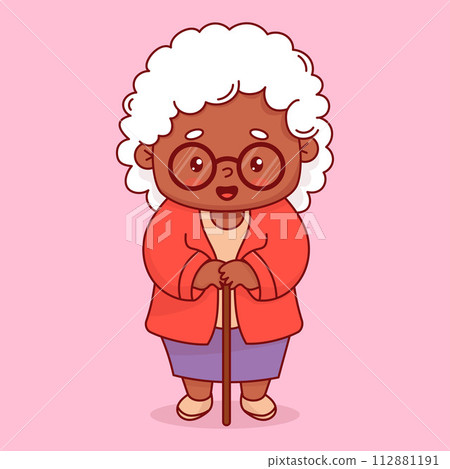 Happy black grandmother. Cute ethnic elderly woman with stick. Vector illustration. Positive cartoon female character grandma lady Happy black grandmother. Cute ethnic elderly woman with stick. Vector illustration. Positive cartoon female character grandma lady 112881191