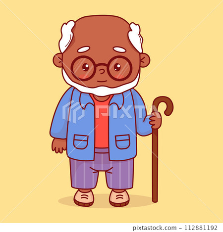Black ethnic grandfather. Cute elderly gray-haired man with glasses with stick. Vector illustration. Positive cartoon male character Black ethnic grandfather. Cute elderly gray-haired man with glasses with stick. Vector illustration. Positive cartoon male character 112881192