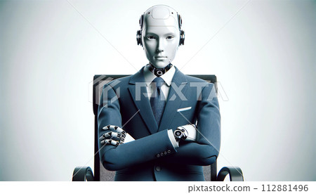 機器人老闆在辦公室裡雙臂交叉 機器人老闆在辦公室裡雙臂交叉 112881496