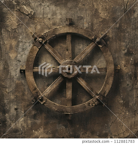 Produce a visually striking image showcasing an eyelevel angle of ancient inventions like the wheel or the printing press Emphasize Produce a visually striking image showcasing an eyelevel angle of ancient inventions like the wheel or the printing press Emphasize 112881783