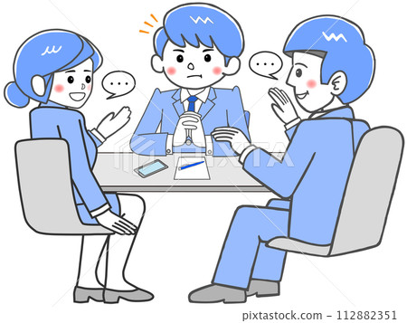 Business meeting_male office worker listening to two people talk Business meeting_male office worker listening to two people talk 112882351