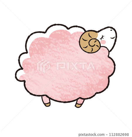 簡單可愛的彩色鉛筆觸摸毛茸茸的閉著眼睛的羊（側身） 112882698