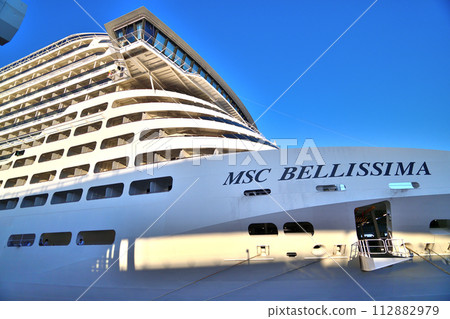 Luxury cruise ship "MSC Bellissima" moored at Kobe Port Terminal Luxury cruise ship "MSC Bellissima" moored at Kobe Port Terminal 112882979