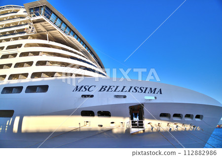 Luxury cruise ship "MSC Bellissima" moored at Kobe Port Terminal Luxury cruise ship "MSC Bellissima" moored at Kobe Port Terminal 112882986