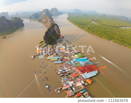 Aerial view of Panyee island in Phang Nga Thailand,High angle view Floating village, Koh Panyee fishing village island in Phang Nga, Thailand 112883078