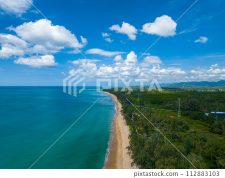 High angle view of the sea Beautiful beach near the road at Phuket island Thailand,Amazing landscape bird eye view clouds blue sky background 112883103