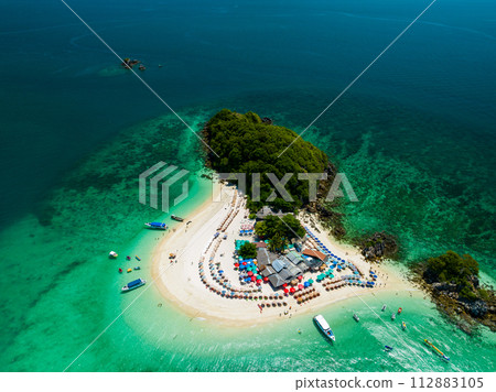Aerial view drone shot of Amazing small island beautiful tropical sandy beach landscape view at koh Khai nai Island in Phang Nga Thailand 112883105