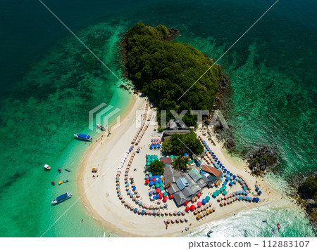Aerial view drone shot of Amazing small island beautiful tropical sandy beach landscape view at koh Khai nai Island in Phang Nga Thailand 112883107