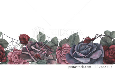 Seamless border gothic rose, leaves magical texture isolated on white background. Watercolor hand drawn botanical sketch illustration. Art for design mystical halloween witch decoration, scary card Seamless border gothic rose, leaves magical texture isolated on white background. Watercolor hand drawn botanical sketch illustration. Art for design mystical halloween witch decoration, scary card 112883407