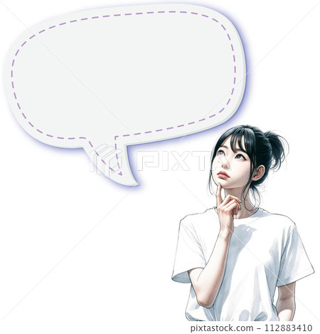 Illustration of a thinking woman and a speech bubble 6 Illustration of a thinking woman and a speech bubble 6 112883410