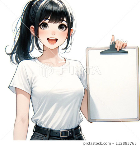 一個微笑的女人拿著空白活頁夾的插圖 112883763