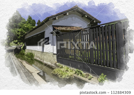 水彩畫風 島根縣雲南市吉田鎮街景水道 112884309