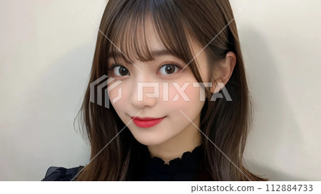 一個長頭髮的女人和藹地微笑 112884733