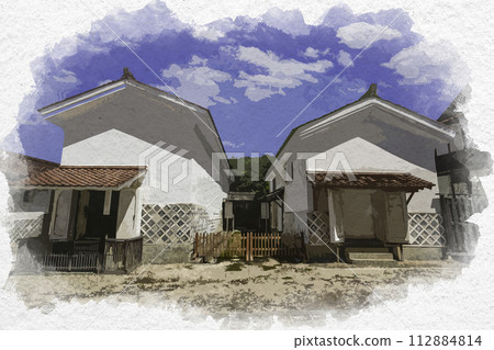 水彩畫風格，島根縣雲南市，雲南，吉田鎮街景，田部家倉庫群 112884814