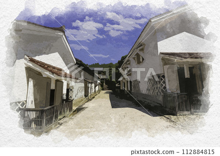 水彩畫風格，島根縣雲南市，雲南，吉田鎮街景，田部家倉庫群 112884815