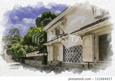 水彩畫風格，島根縣雲南市，雲南，吉田鎮街景，田部家倉庫群 112884817