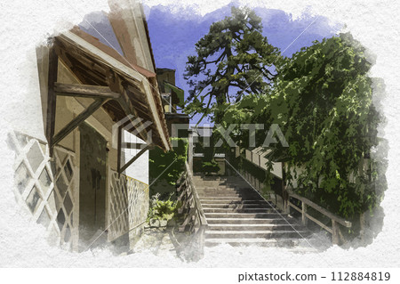 Watercolor painting style, Unnan, Yoshida town townscape, Tabe family storehouse group, Unnan City, Shimane Prefecture Watercolor painting style, Unnan, Yoshida town townscape, Tabe family storehouse group, Unnan City, Shimane Prefecture 112884819