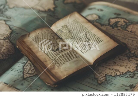 Vintage book and old map on old paper background on table, travel concept Vintage book and old map on old paper background on table, travel concept 112885179