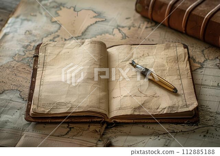 Vintage pen and old map on old paper background, travel concept 112885188