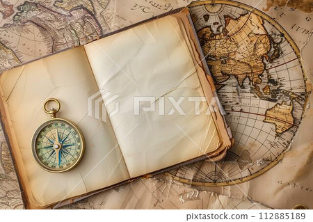 Vintage compass and old map on old paper background, travel concept Vintage compass and old map on old paper background, travel concept 112885189