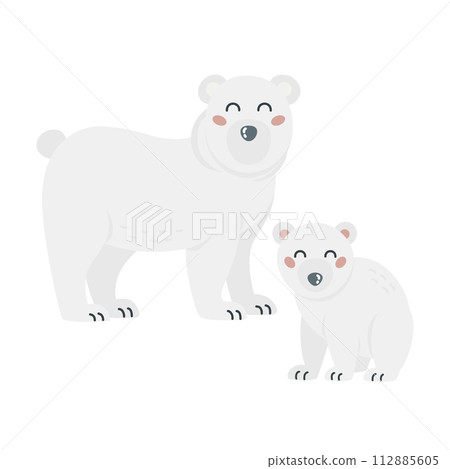 Cute cartoon hand drawn polar bear and baby bear on isolated white background. Character of the arctic animals for the logo, print, design. Vector illustration 112885605