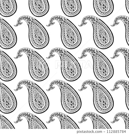 Monohcrome seamless pattern with Paisley motifs on white background 112885784