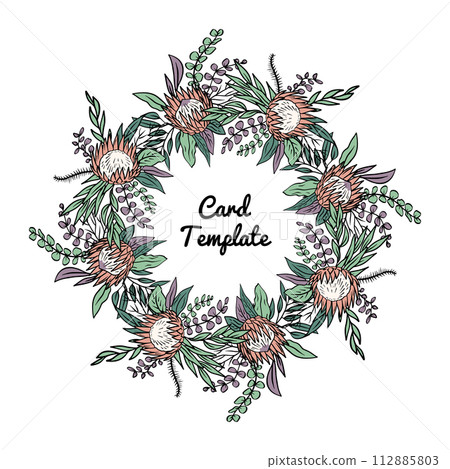 Hand drawn colorful line art tropical protea flower round frame Hand drawn colorful line art tropical protea flower round frame 112885803