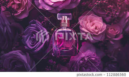Perfume bottle in flowers, fragrance on blooming background, floral scent and cosmetic product 112886360