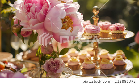 Wedding decoration with peonies, floral decor and event celebration, peony flowers and wedding ceremony in the garden, English country style 112886372