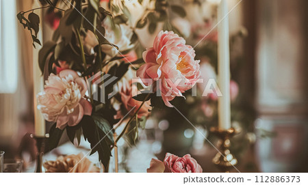 Wedding decoration with peonies, floral decor and event celebration, peony flowers and wedding ceremony in the garden, English country style Wedding decoration with peonies, floral decor and event celebration, peony flowers and wedding ceremony in the garden, English country style 112886373
