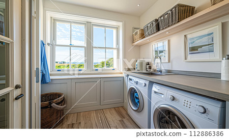 Utility room in white coastal cottage, home decor and interior design 112886386