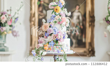 Wedding decoration in the cottage, floral country wedding decor, cake and event celebration, English countryside style Wedding decoration in the cottage, floral country wedding decor, cake and event celebration, English countryside style 112886412