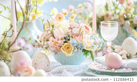Easter tablescape decoration, floral holiday table decor for family celebration, spring flowers, Easter eggs, Easter bunny and vintage dinnerware, English country and home styling 112886415